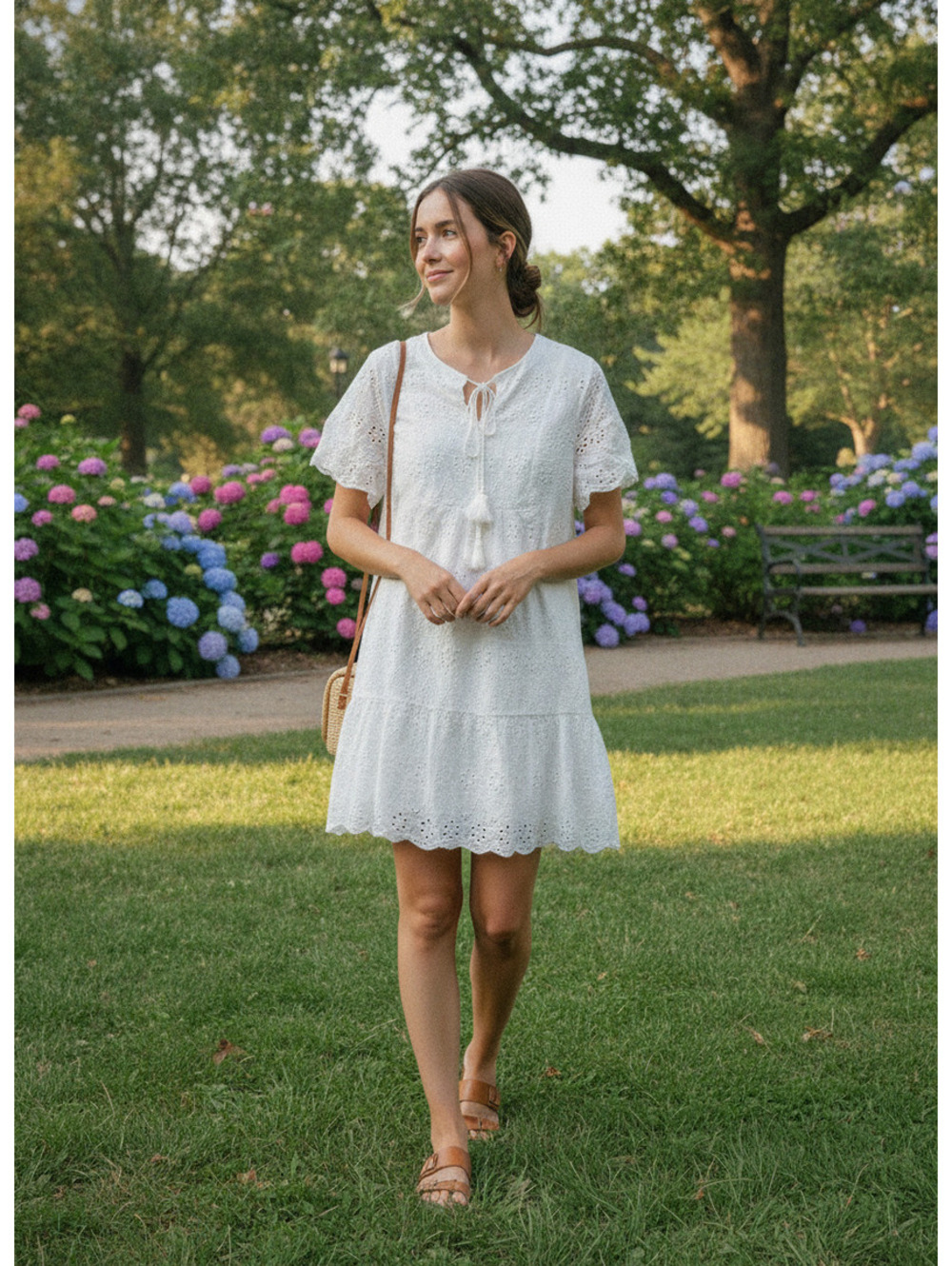 White Eyelet Lace Dress with Tassel Tie Boho Classic Summer  Size Large